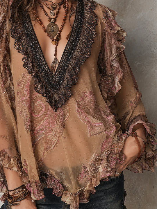Bohemian Paisley Print Chiffon Blouse With Ruffles