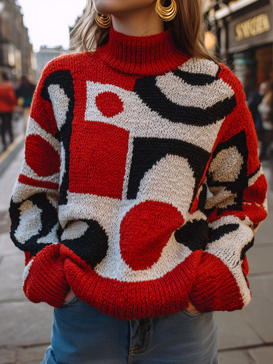 Retro Red And Black Block Abstract Geometric Knit Sweater