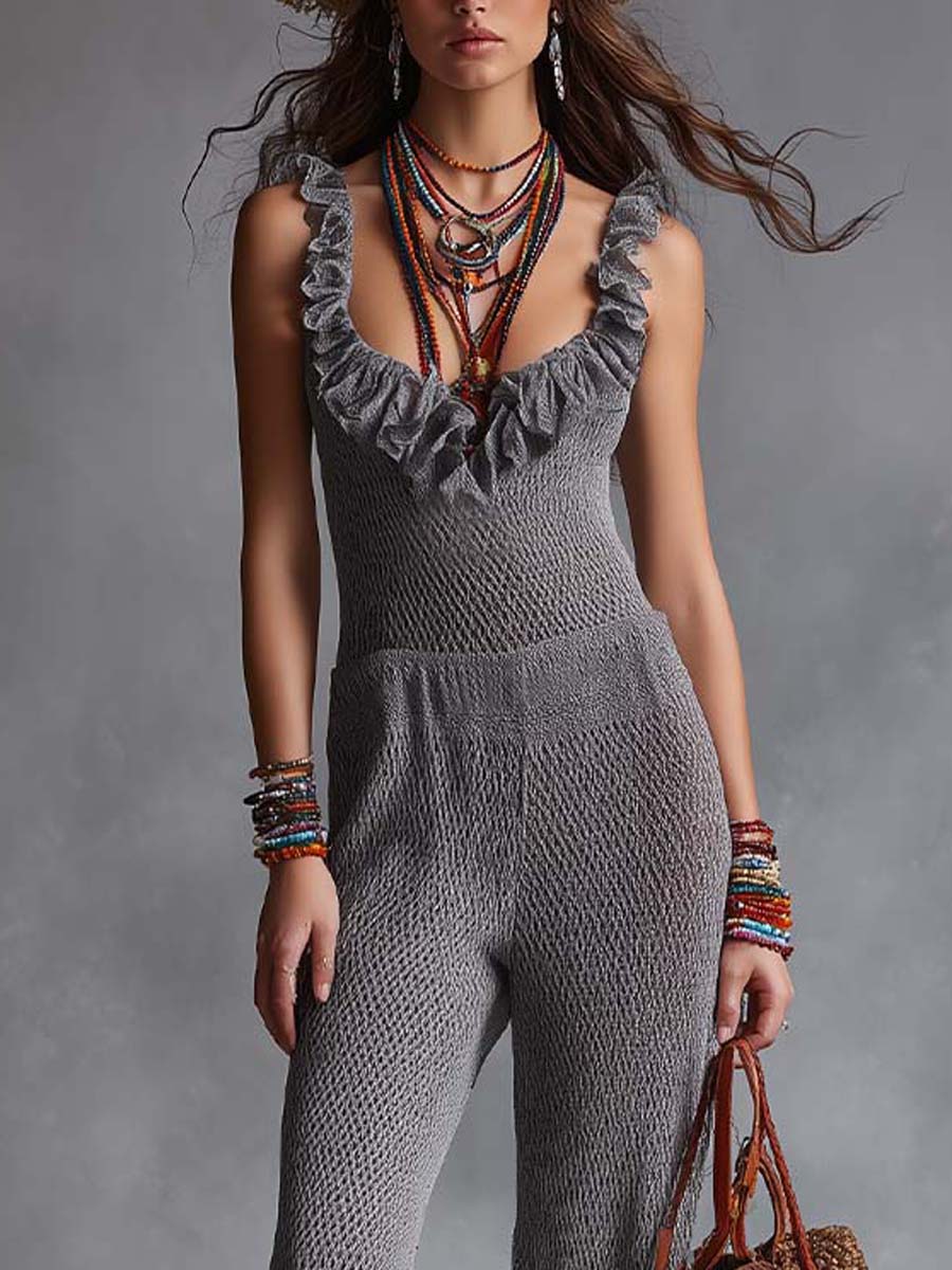 Boho-Vintage Elegant Textured Ruffle Knit Jumpsuit