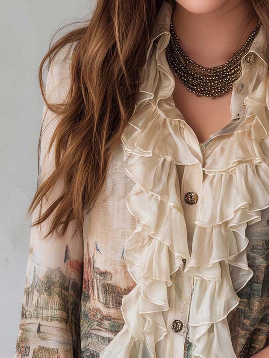 Retro Print Ruffled Long-Sleeve Shirt