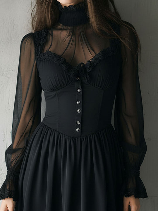 High-Neck Black Sheer Lace Mini Dress With Buttons