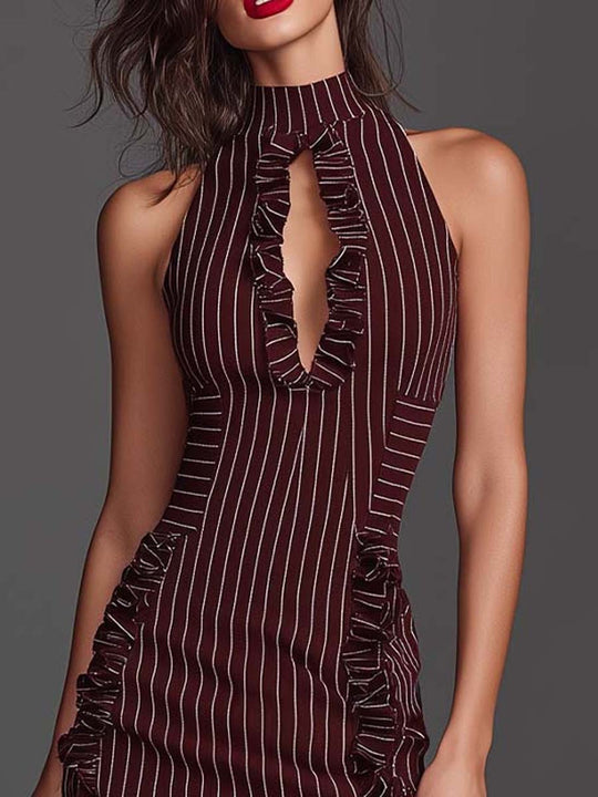 Burgundy Pinstripe Halter Ruffle Midi Dress