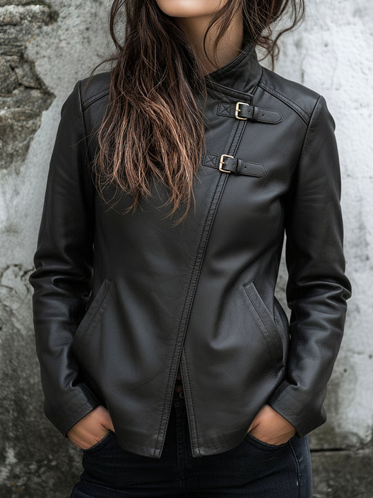 Stylish Black Asymmetric Buckle Eco Leather Moto Jacket