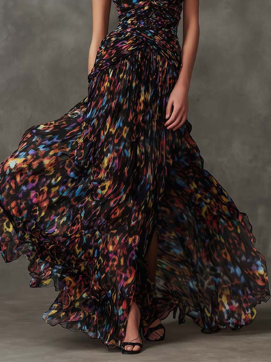 Multicolor Abstract Chiffon Pleated Maxi Dress