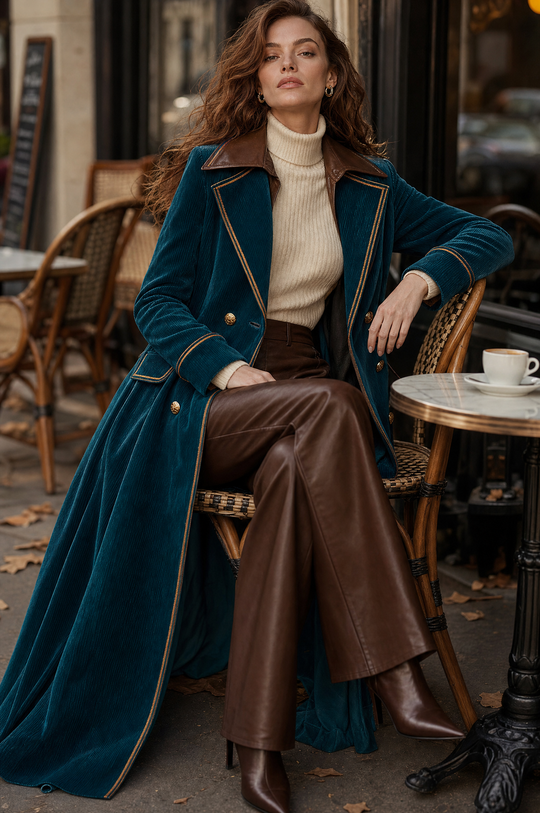 Retro Color-block Corduroy Mid-length Coat With A Lapel Collar