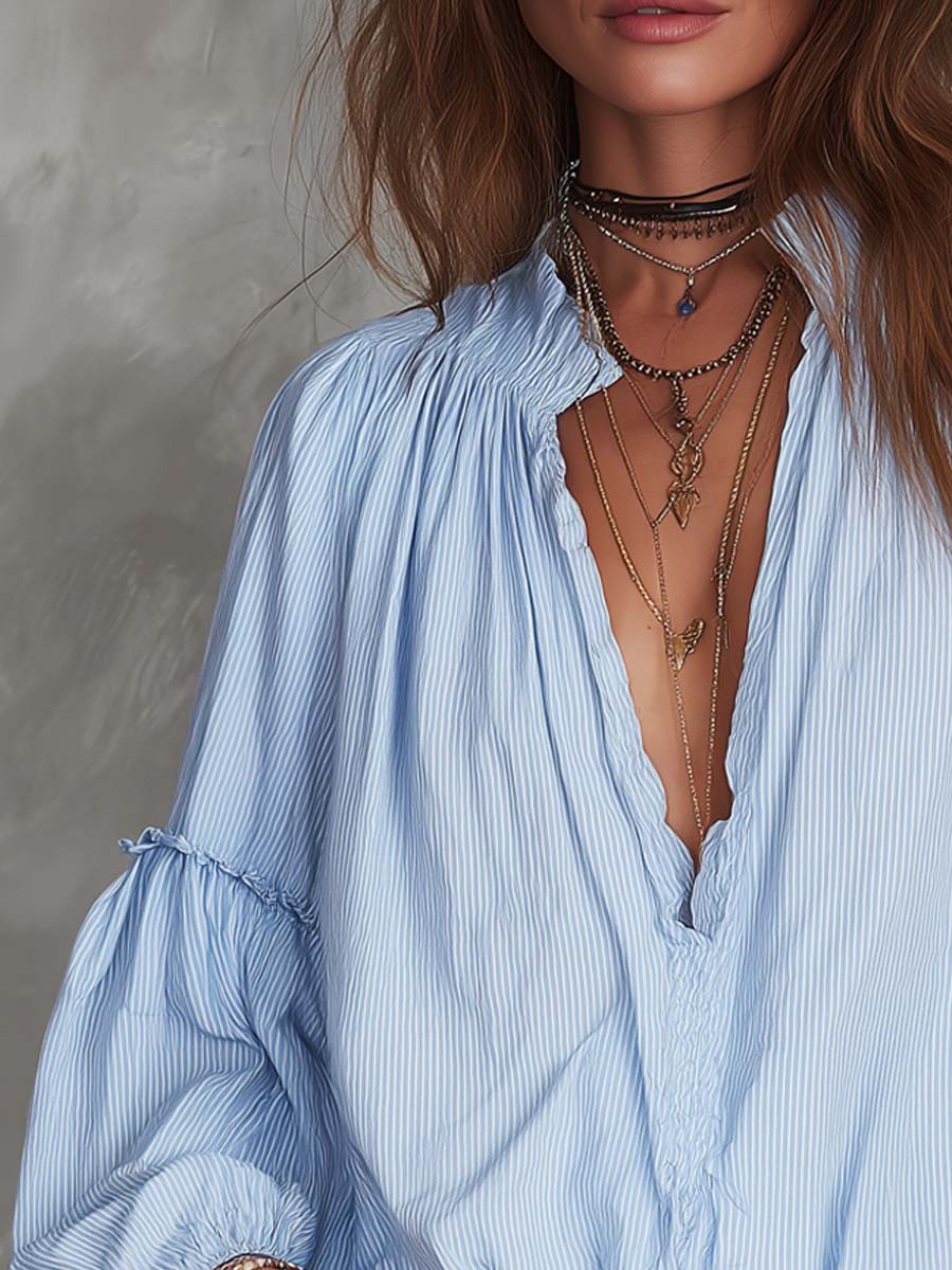 Retro Ruffle Neck Drop-shoulder Striped Blouse