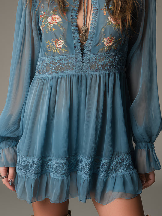Bohemian Style Chiffon Embroidered Stand-collar Mini Dress