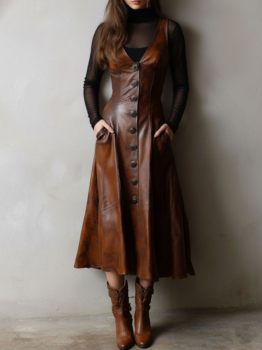 Vintage Cognac Brown Button-Front A-Line Eco Leather Midi Dress