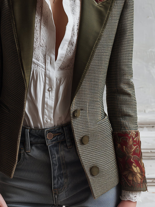 Bohemian Wool Plaid Retro Flower Splicing Blazer