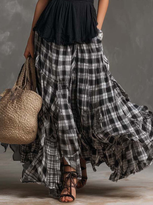 Ruched Tank Top & Plaid Maxi Skirt Two-Piece Set