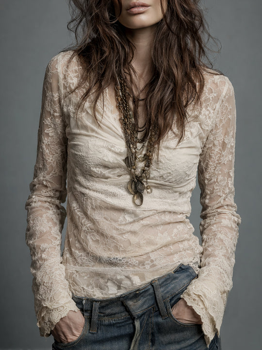 Vintage Cowl Neck Lace Long Sleeve Blouse
