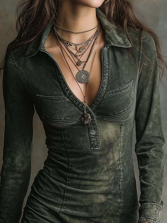 Washed Army-Green Fitted Denim Mini Dress