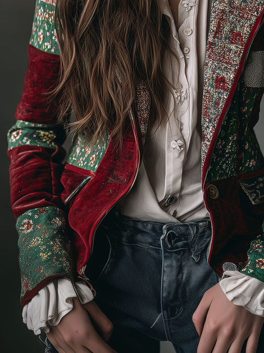 Vintage Bohemian Velvet Patchwork Print Blazer
