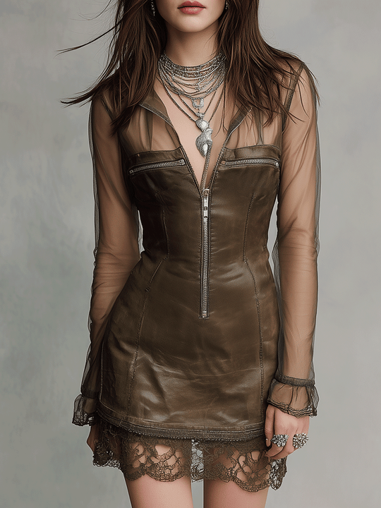 Vintage Mesh Panel Zippered Lace-Trimmed Leather Dress
