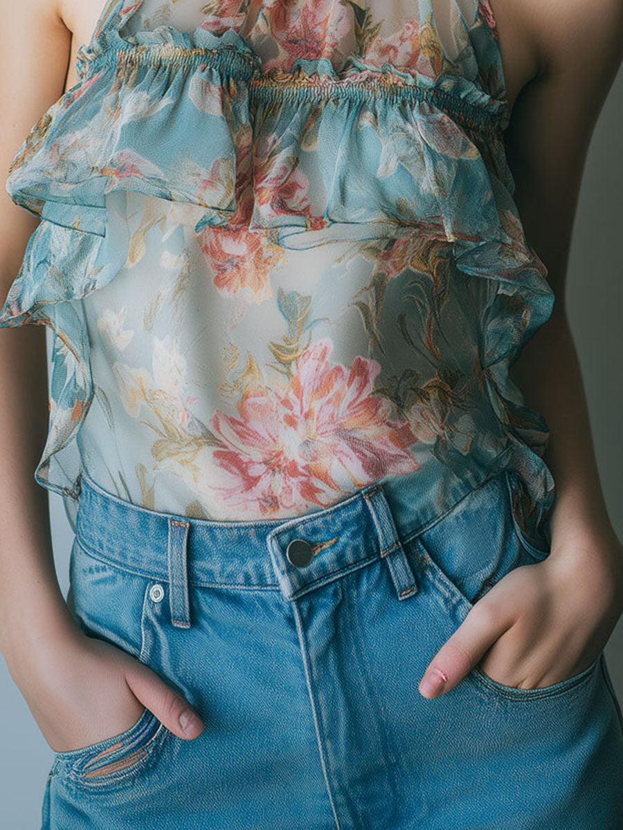 Pastel Blue High-Neck Floral Ruffled Chiffon Halter Blouse