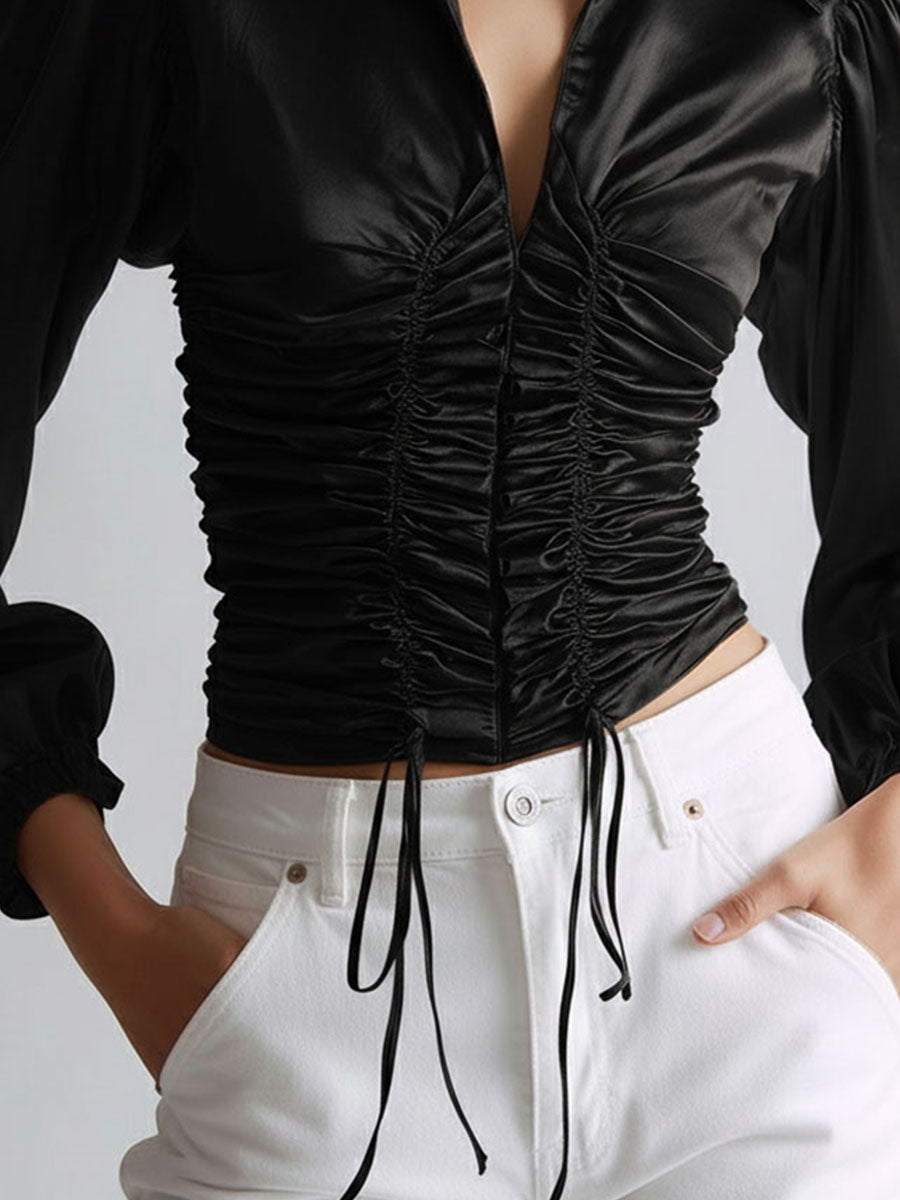 Sleek Black Satin Ruched Drawstring Blouse