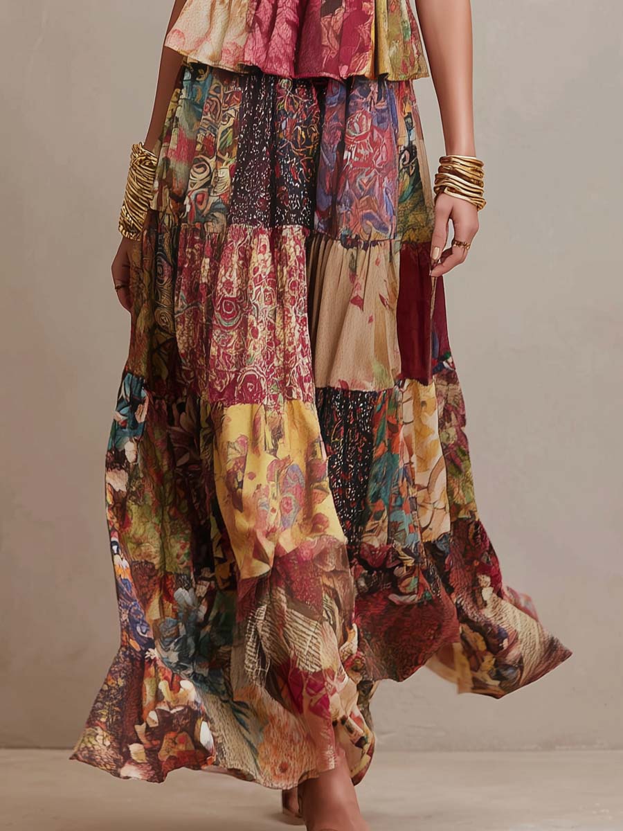 Bohemian Strapless Patchwork Print Tiered Maxi Dress