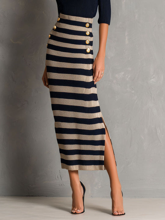 Quiet Luxury Navy & Beige Knit Striped Sweater Top And Midi Skirt Set