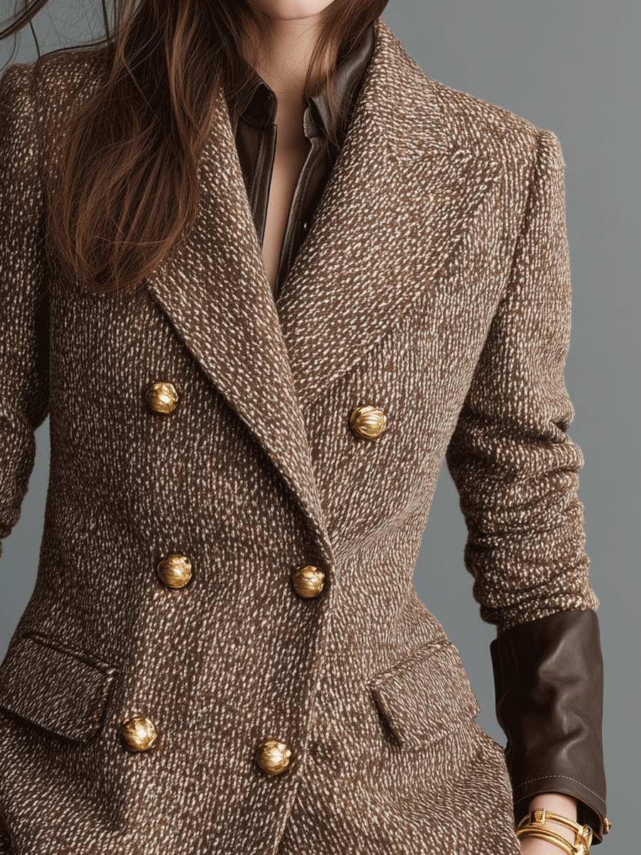 Heritage Tweed Double-Breasted Leather Cuff Detail Jacket