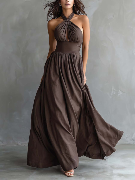 Twist Halter Maxi Dress With Flowing Skirt