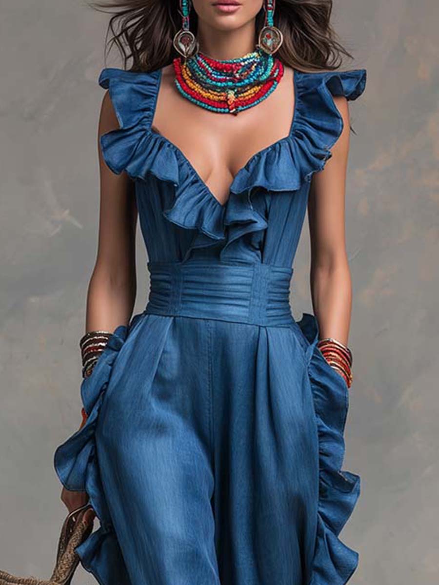 Boho-Vintage Elegant Tencel Faux-Denim Ruffle Wide-Leg Jumpsuit
