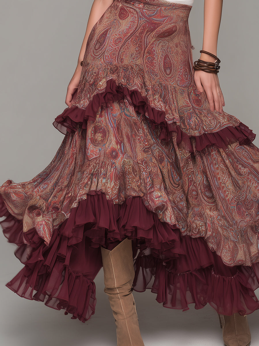 Bohemian Paisley Print Chiffon Multi-layered Ruffle Long Skirt