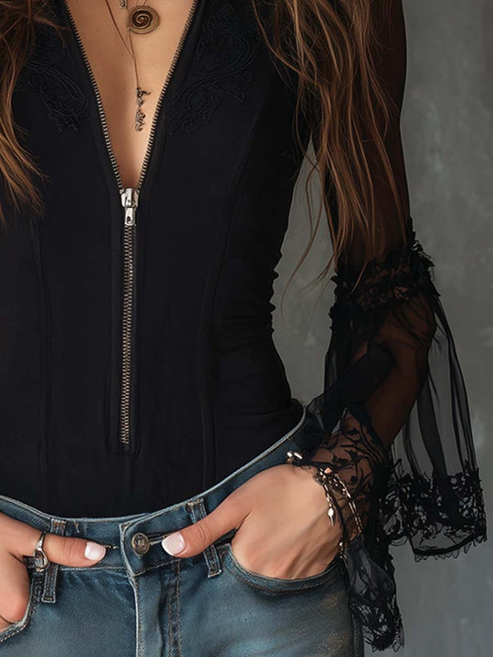 Vintage Sheer Sleeves Zip-up Collar Blouse