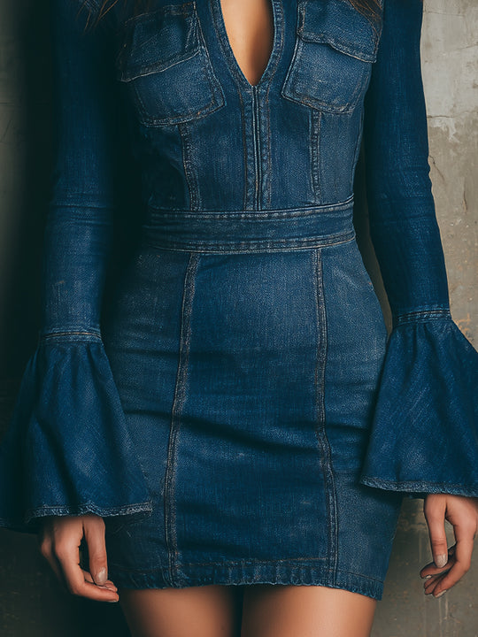 Retro Washed Keyhole Collar Bell Sleeve Denim Mini Dress