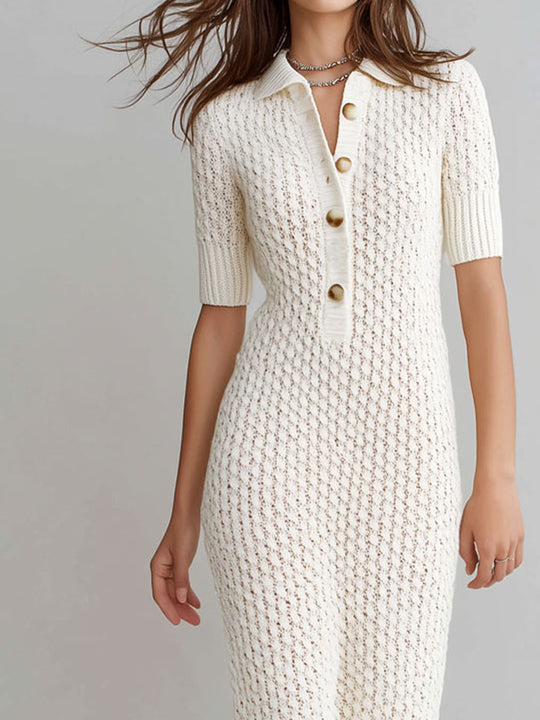 Quiet Luxury Cream Textured Knit Polo Midi Dress