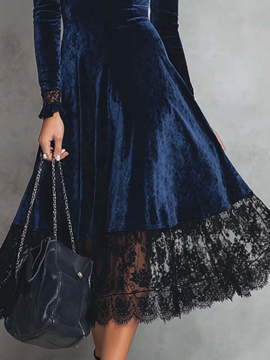 Retro Round Neck Wide Lace Hem Midi Dress