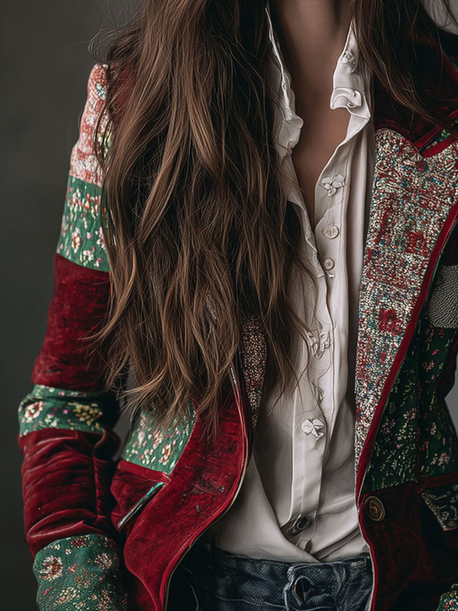 Vintage Bohemian Velvet Patchwork Print Blazer