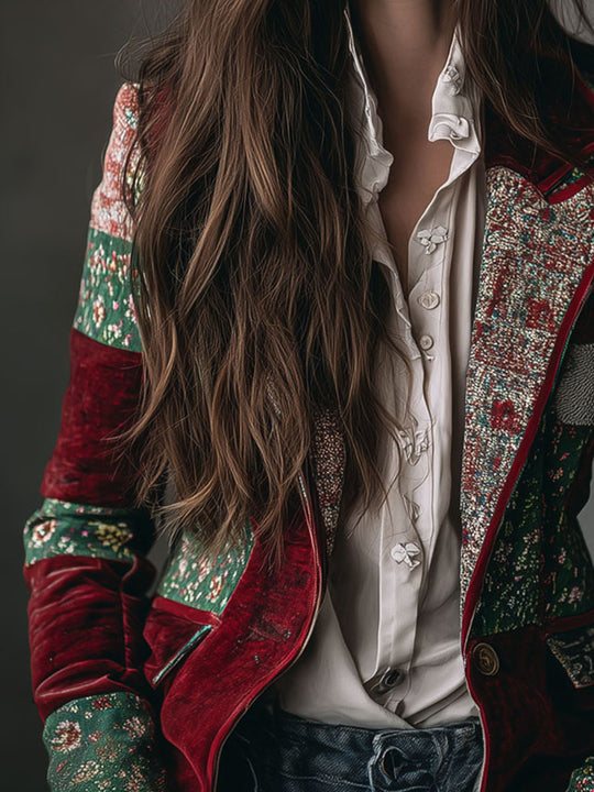 Vintage Bohemian Velvet Patchwork Print Blazer
