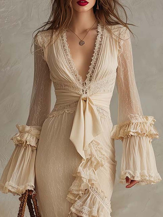 Romantic Cream Lace Ruffle High-Low Maxi Dress