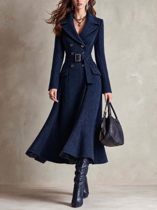 Elegant Belted Chenille Herringbone Long Coat With Detachable Fur Cuffs