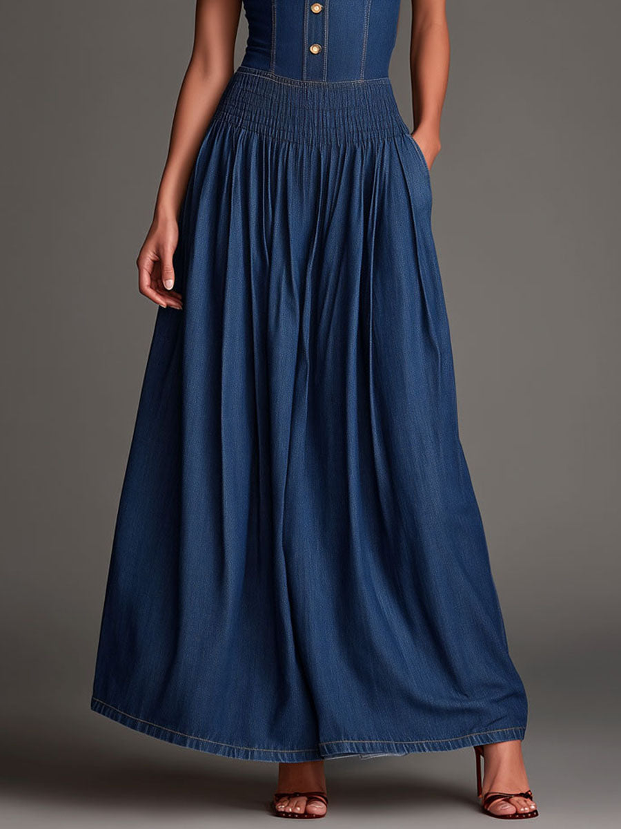 Retro Denim High-Neck Smocked Waist Maxi Dress