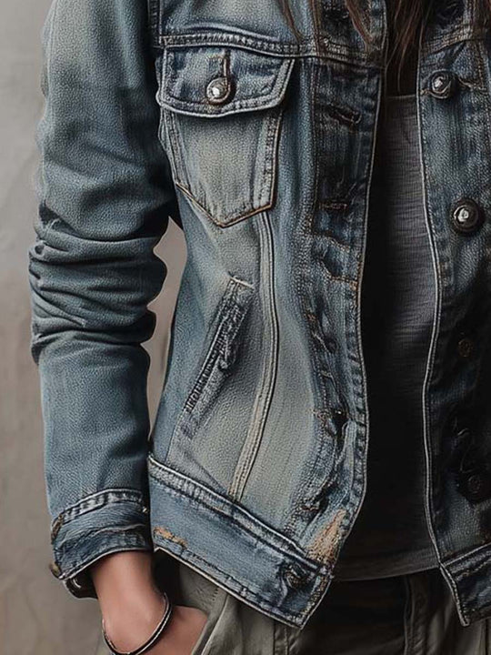Washed And Faded Utility Denim Jacket With Epaulettes
