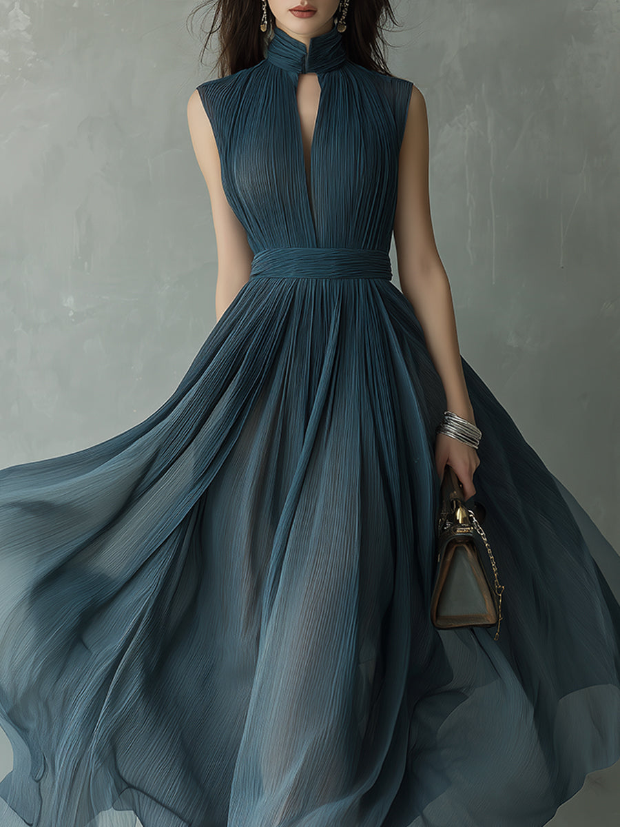 Retro Pleated Chiffon Keyhole Collar Maxi Dress