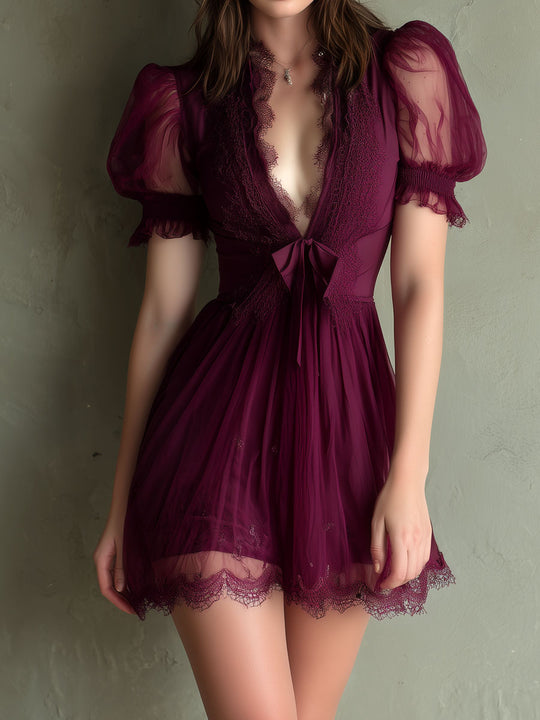 Romantic V-Neck Burgundy Lace And Tulle Bow Mini Dress