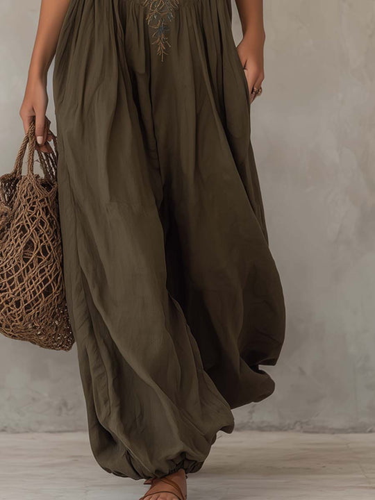 Retro Cotton And Linen Embroidered Jumpsuit