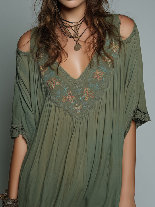 Retro Lace Flower Embroidered Loose Mini Dress