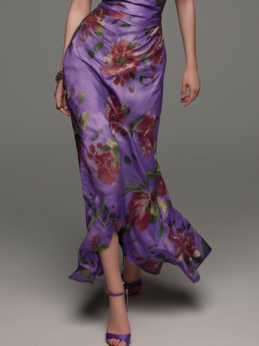 Elegant Floral Print Satin Slim-fit Spaghetti Strap Maxi Dress