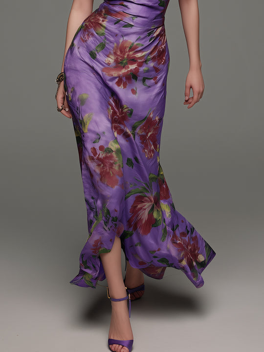 Elegant Floral Print Satin Slim-fit Spaghetti Strap Maxi Dress