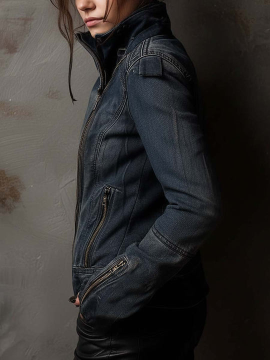 Washed Steel-blue Distressed Denim Moto Jacket