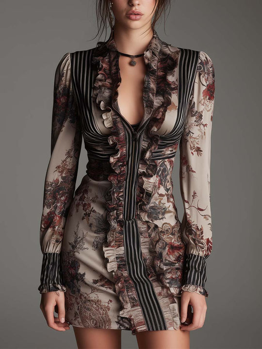 Floral Pinstripe Ruffle Zip-Front Mini Dress