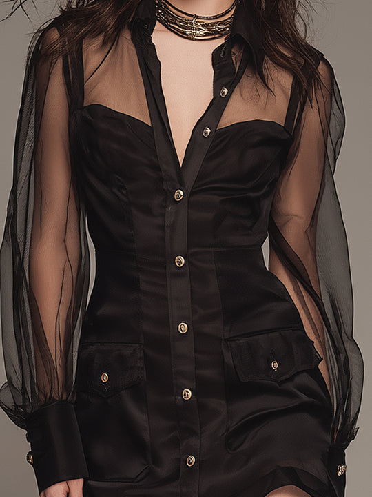 Elegant Chiffon And Satin Patchwork Slim-fit Shirt Mini Dress