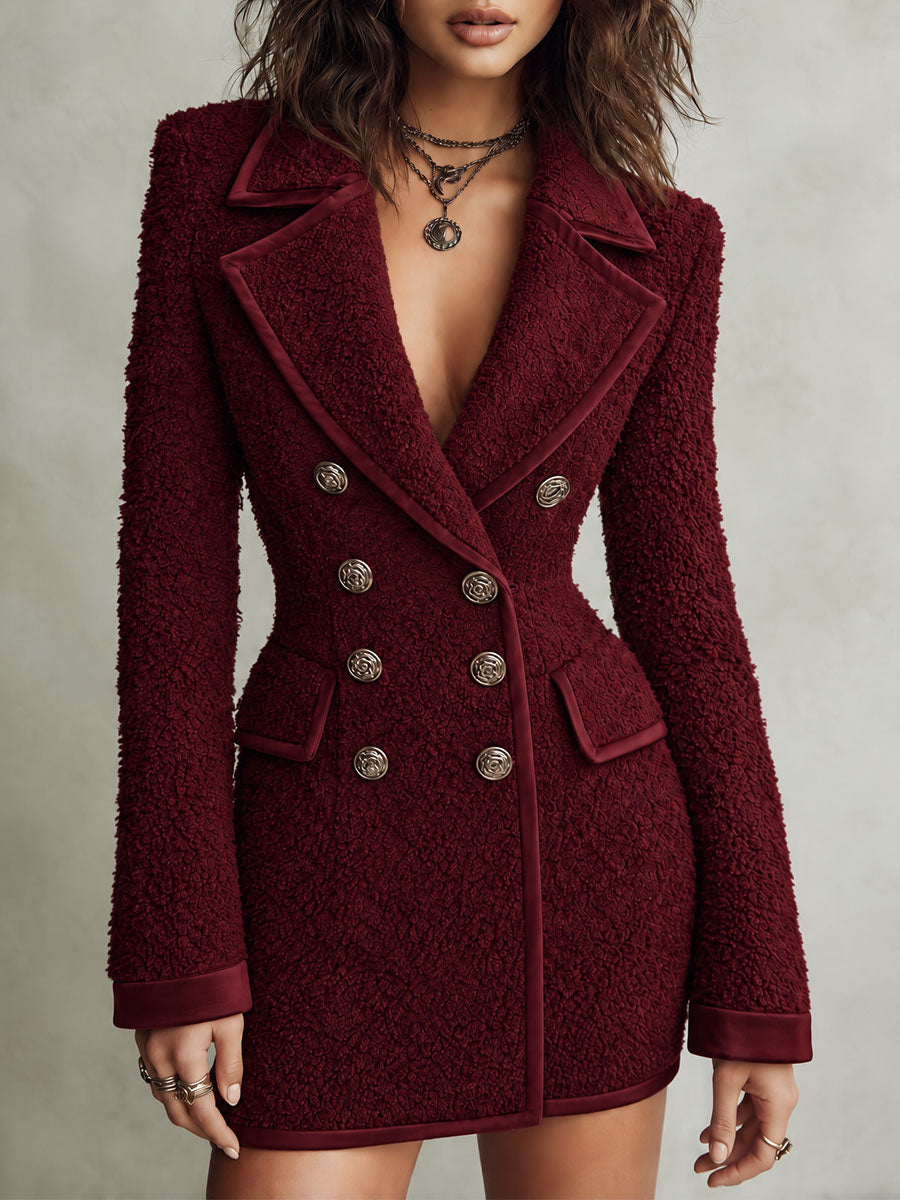 Retro Textured Double-Breasted Blazer with Gold Buttons