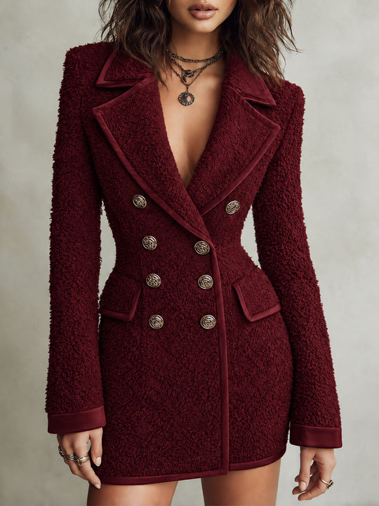 Retro Textured Double-Breasted Blazer with Gold Buttons