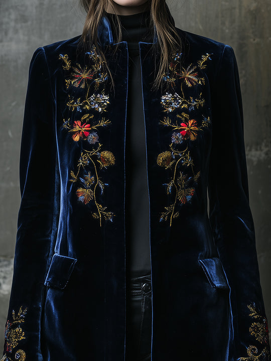 Quietly Luxurious Floral Embroidered Polyester Velvet Straight Jacket