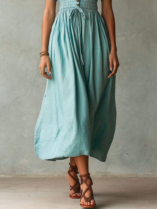 Boho Dusty Teal Linen-Blend Puff Sleeve Smocked Waist Midi Dress