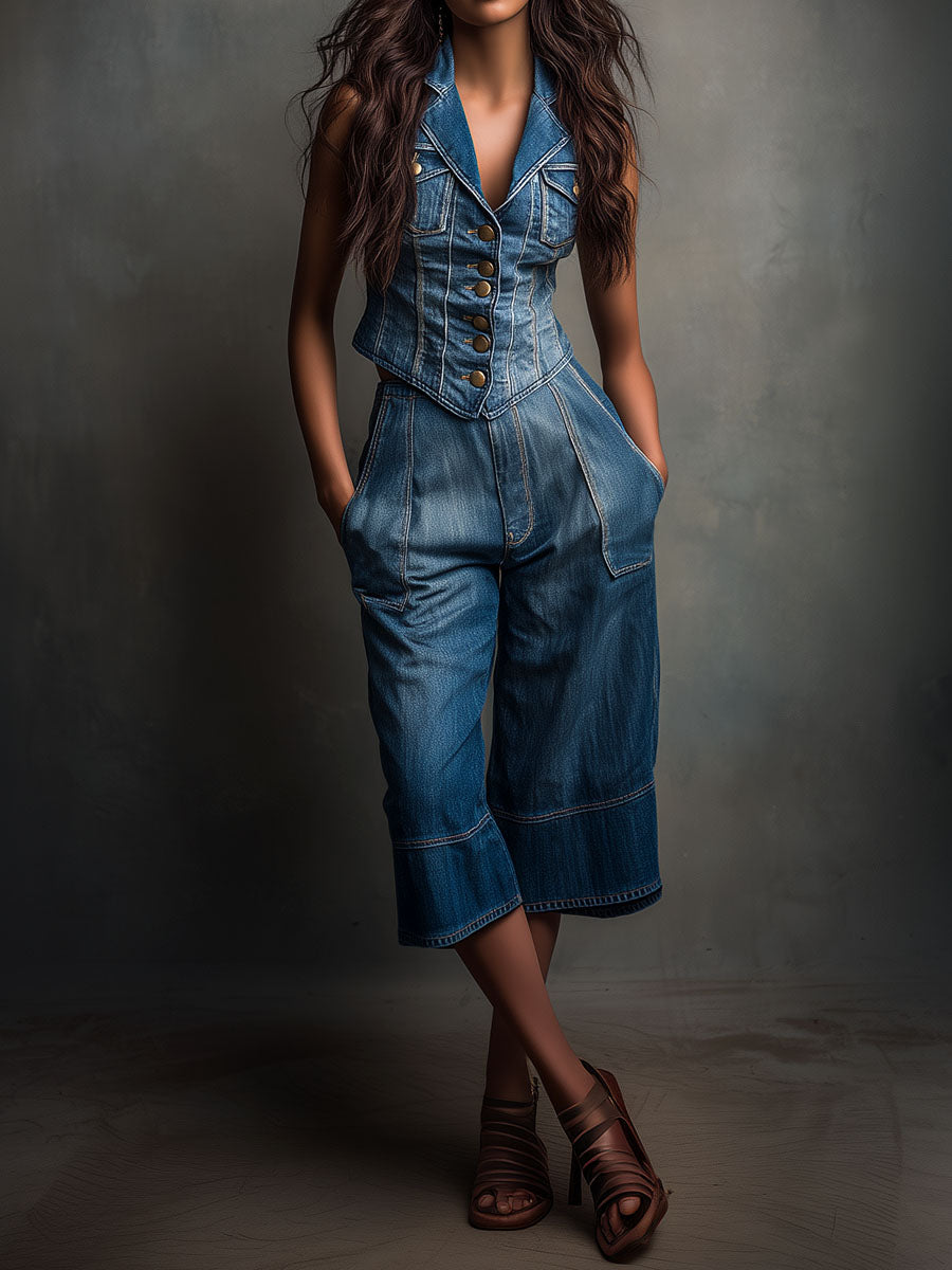 Vintage Casual Denim Wide-Leg Culotte Pants